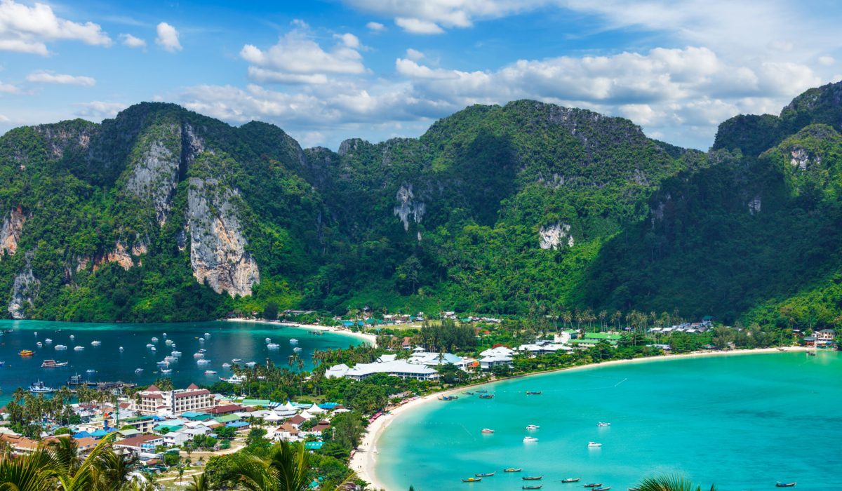 Travel vacation background - Tropical island with resorts - Phi-Phi island, Krabi Province, Thailand