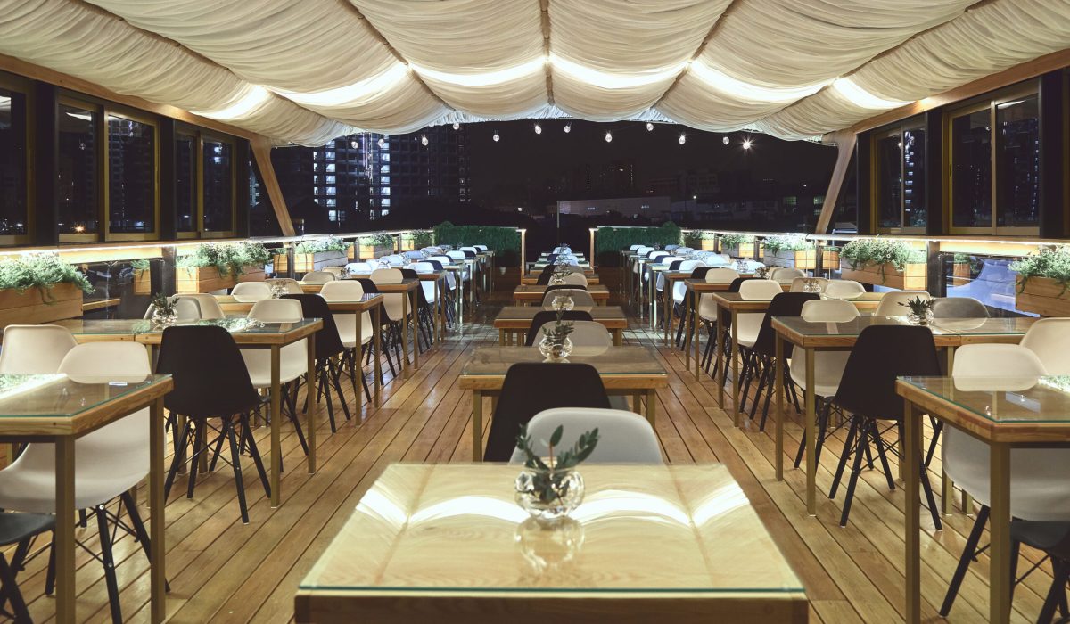 Interior details of restaurant on the ship. Concept of interior design of a restaurant on a ship.