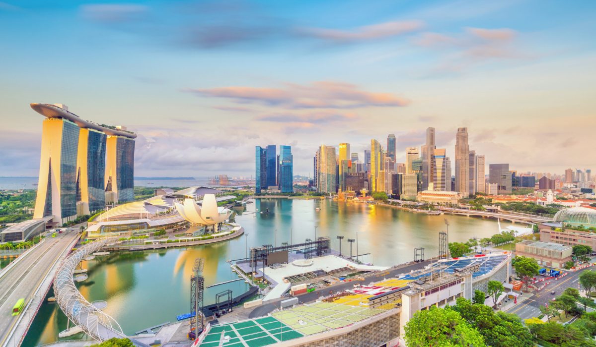 Singapore downtown skyline bay area at sunset