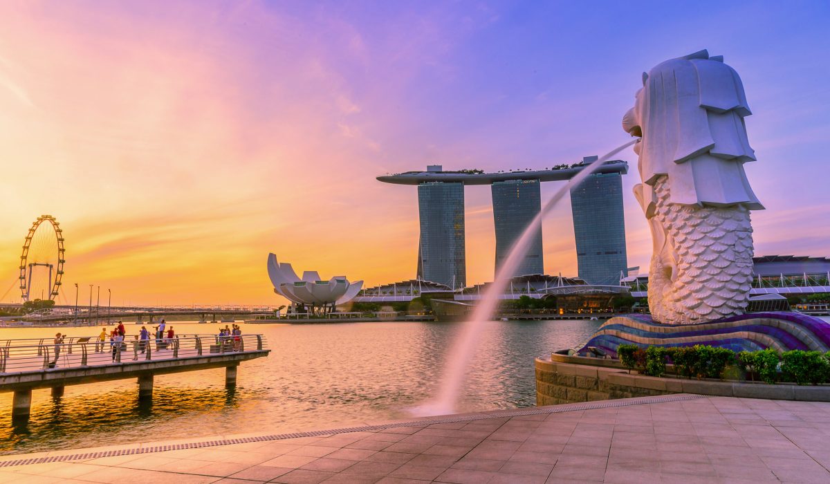 Singapore landmark Merlion at sunrise