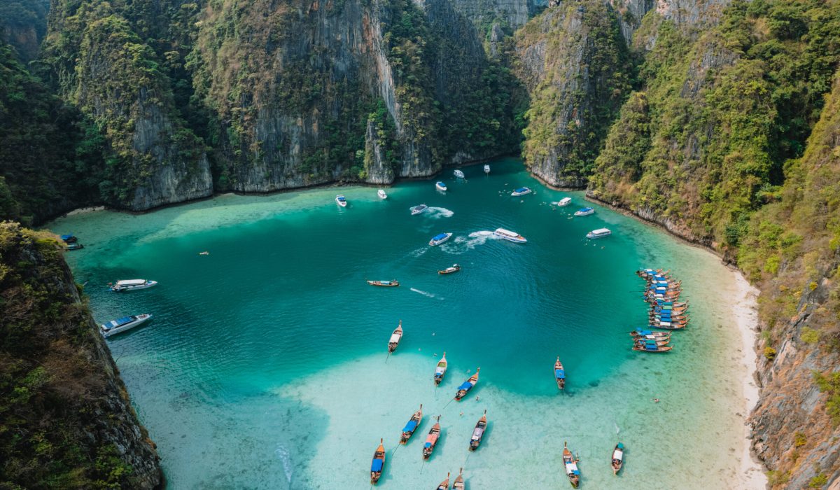 Travel by longtail boat in Phi Phi islands,in the summer on the island